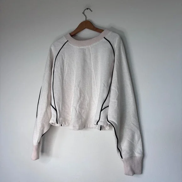 Anthropologie Maeve Paneled Warm Up Sweatshirt White Cotton Cropped Size Large - Picture 8 of 8